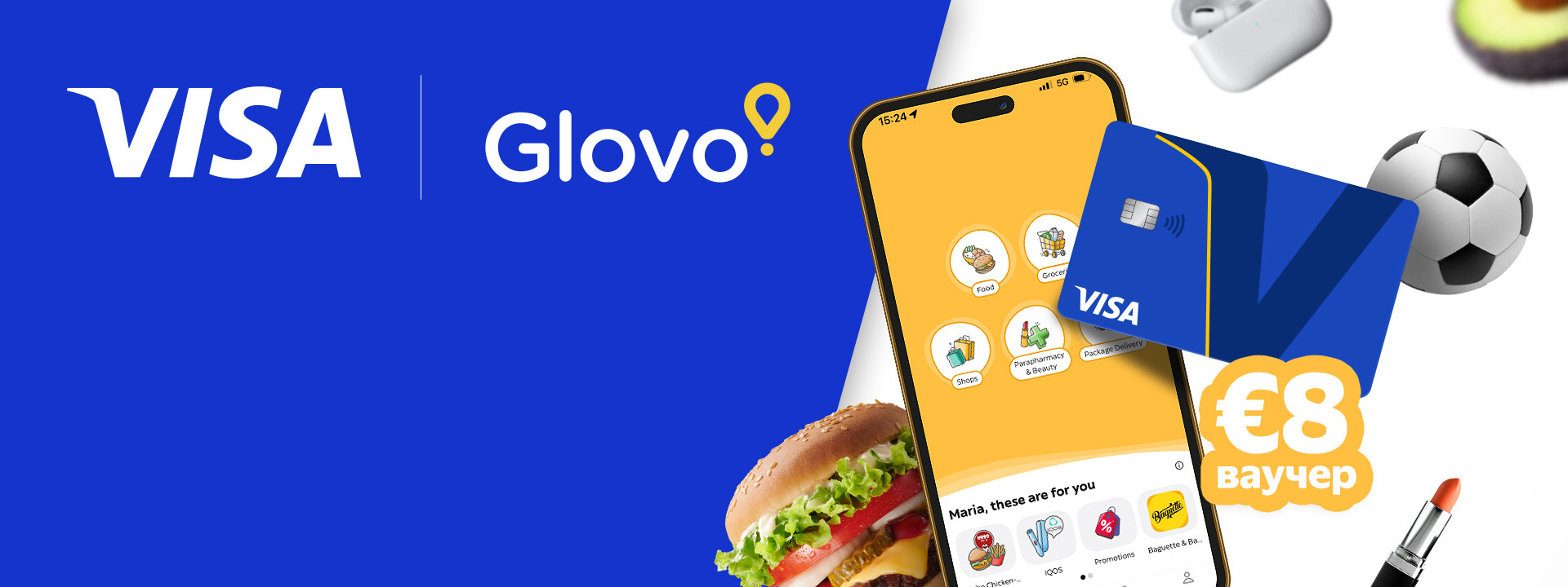 Visa and Glovo logo. Alongside a mobile phone, Visa card, burger, football