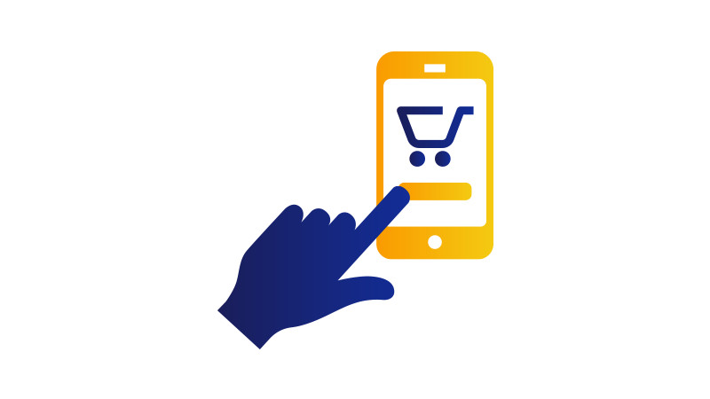 Illustration of a finger poised to click a shopping cart button on a mobile phone.