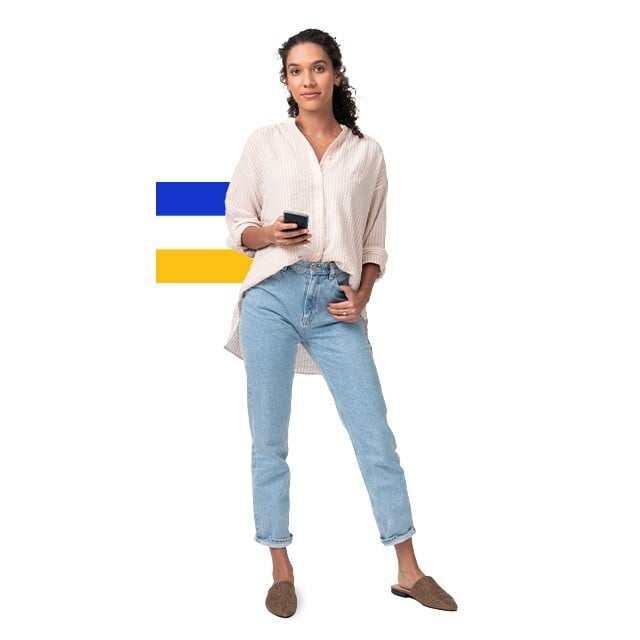 woman holding phone in front of visa flag